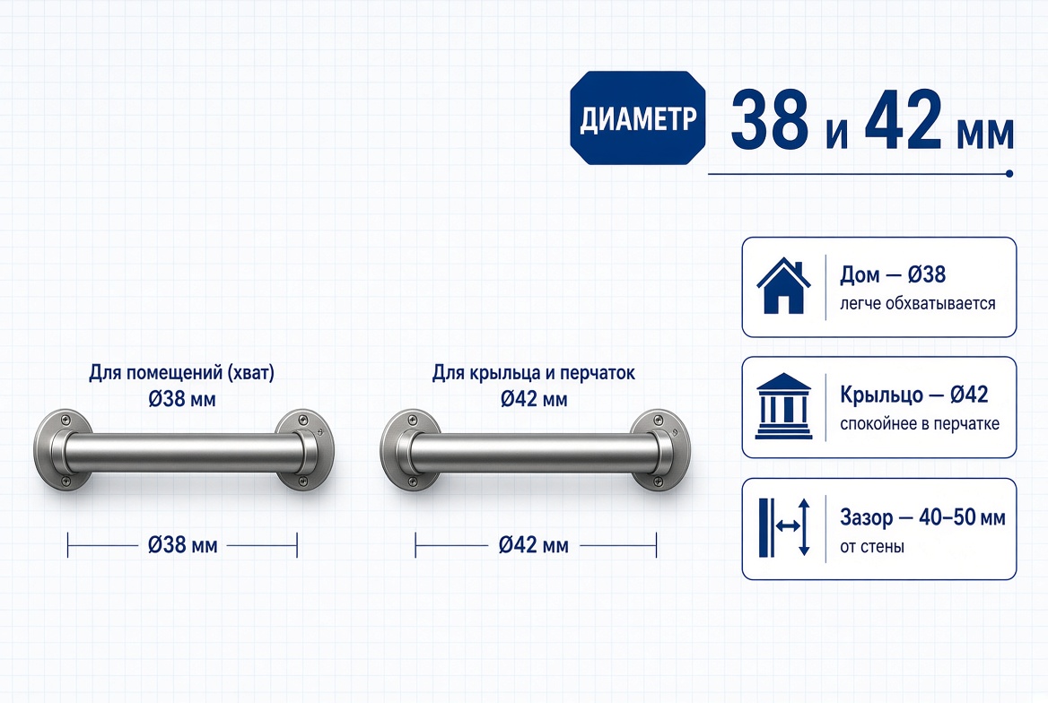 Сравнение диаметров поручня 38 и 42 миллиметра