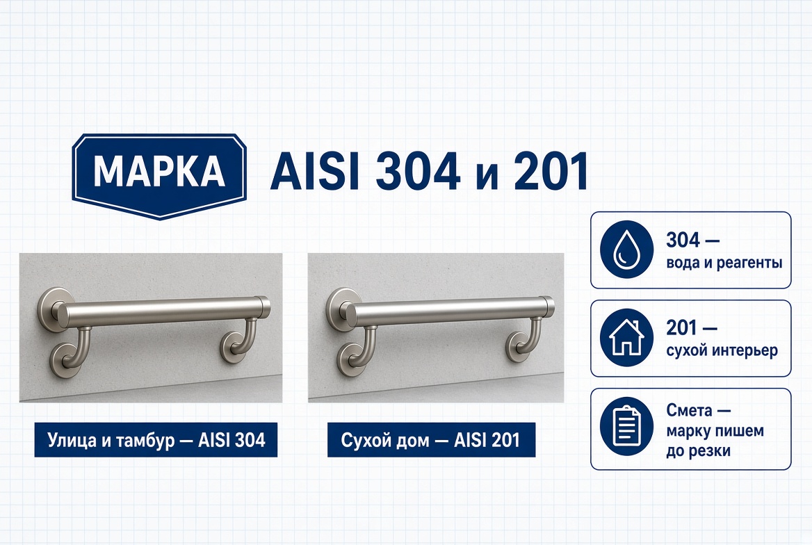 Сравнение AISI 304 и 201 для пристенного поручня