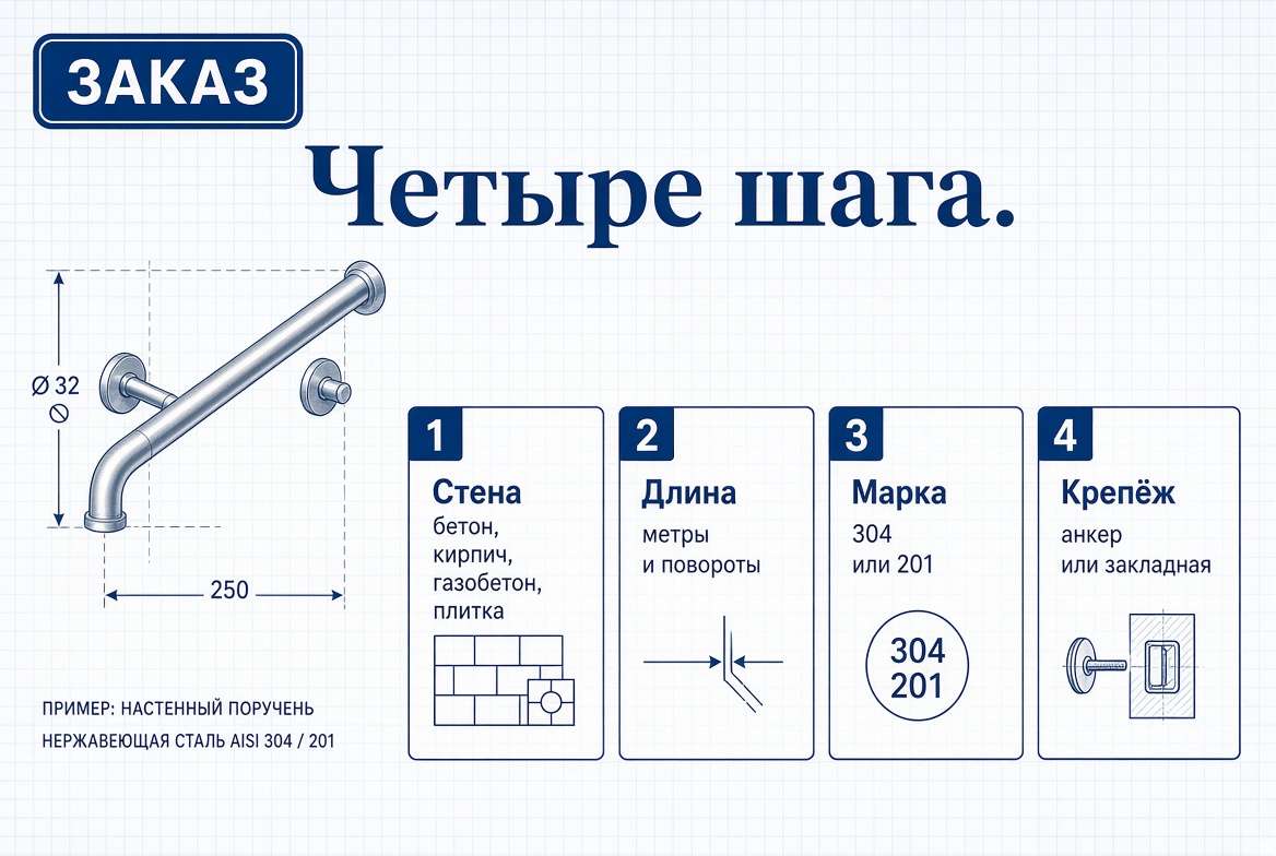 Четыре шага заказа пристенного поручня: стена, длина, марка, крепёж